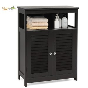 SAFSTAR Bathroom Storage Cabinet Wood Floor Cabinet w/ Double Shutter Door Black